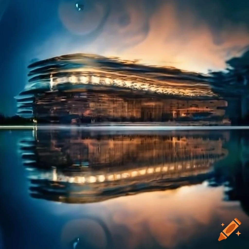 Hyper Buliding Hyper realistic, detailed 3 story building suspended over a reflecting pool