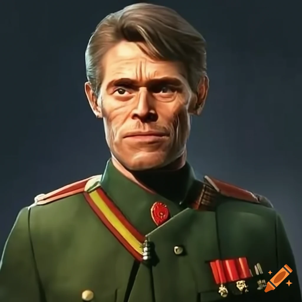Willem dafoe, soviet, sciencist, serious face, soviet army uniform