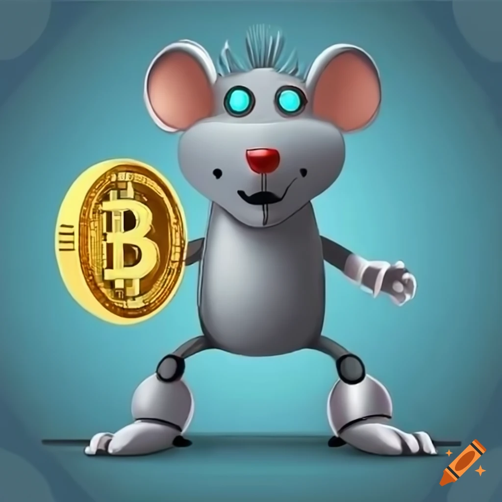 A cartoon mouse dressed as a robot holding a bitcoin coin in his hands on  Craiyon