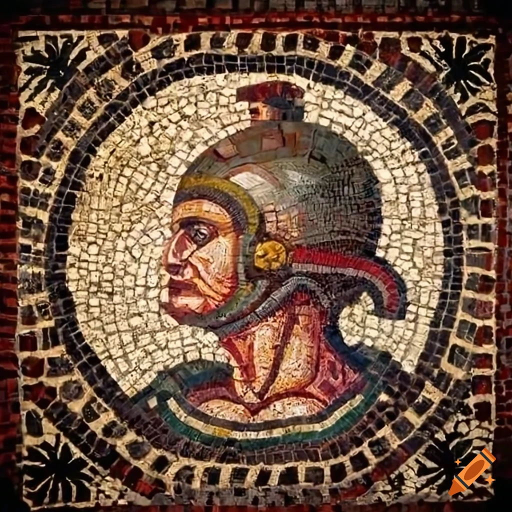Ancient roman vibrant mosaic of a astronaut in caravanserai and