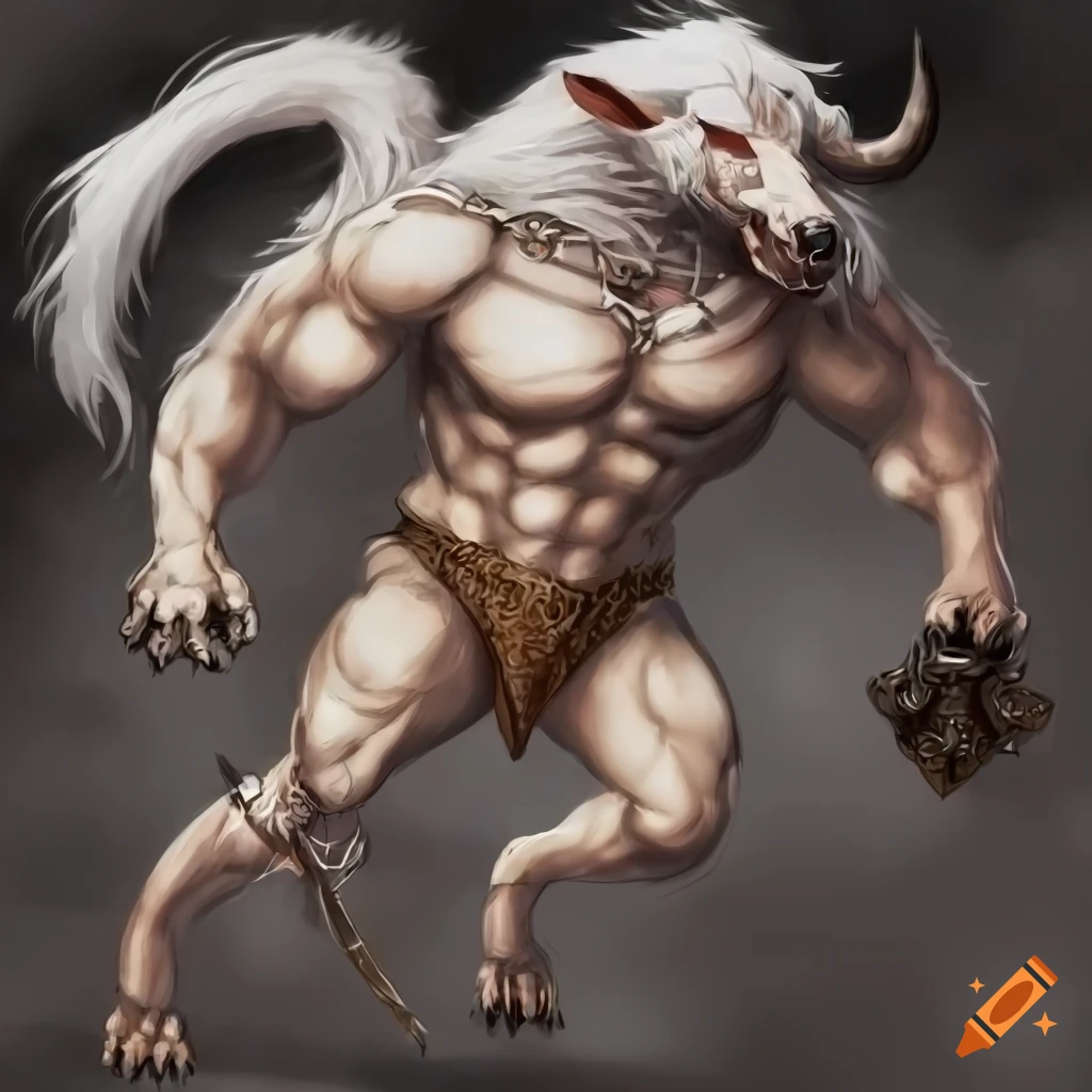 white Minotaur, albinism, black horns, golden bracelet, golden anklets, black hooves, golden chains, golden great axe, white fur, long fur, white mane floating on the wind, beast man, white werewolf, monstrous, muscular, titan, rage, berserk, rampaging
