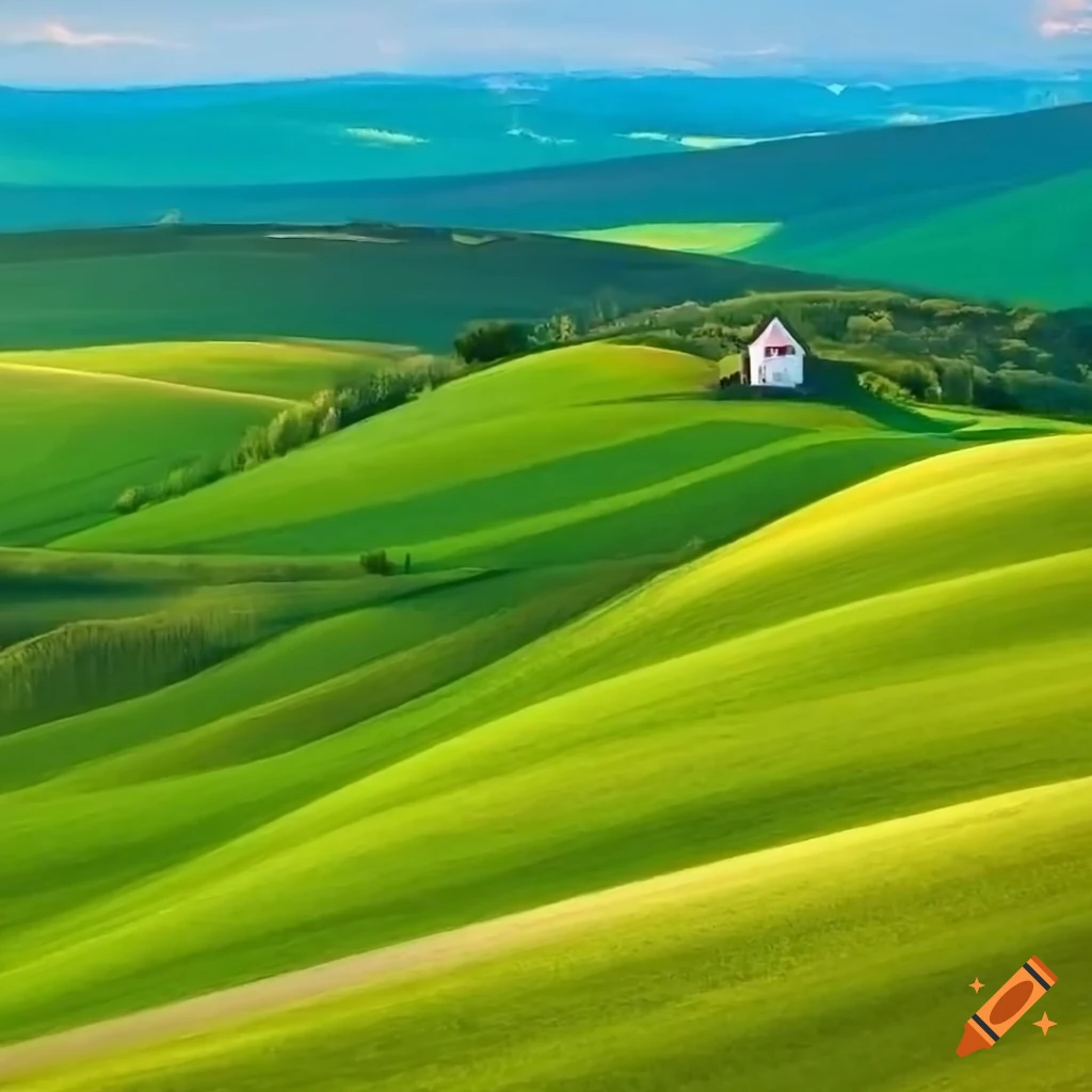 Scenic rural landscape with rolling hills and a farmstead on Craiyon