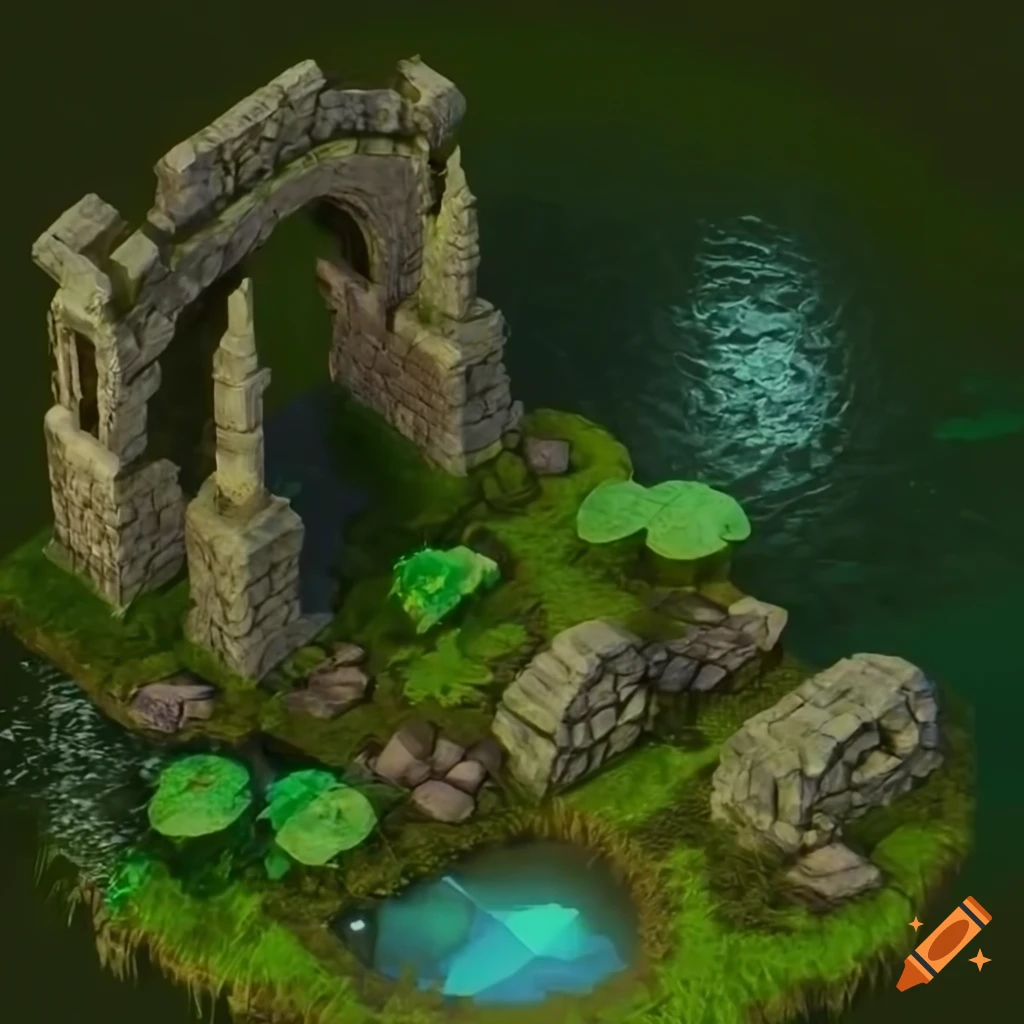 A moss-covered stone ruins in a fantasy RPG game forest fantasy grass ...