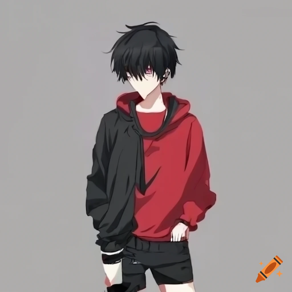 Anime boy with red sweatshirt, black shorts full body full hd 1080p 4k