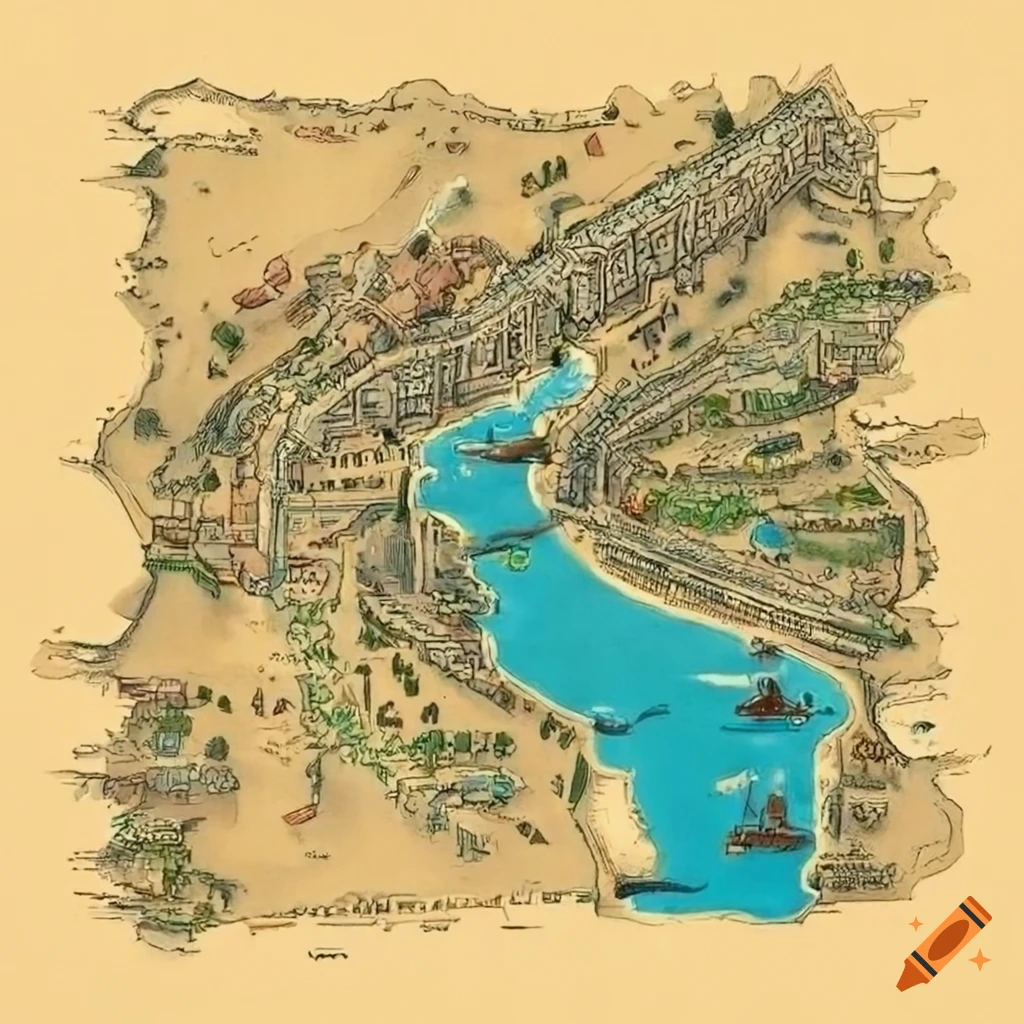 A fantasy map of a city that has a river through the middle and several ...
