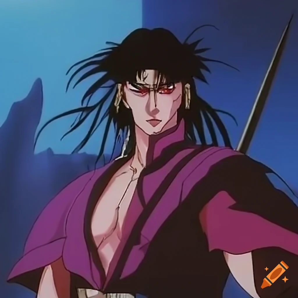 80-90's anime ova, male masculine bearded warrior 'ninja scroll