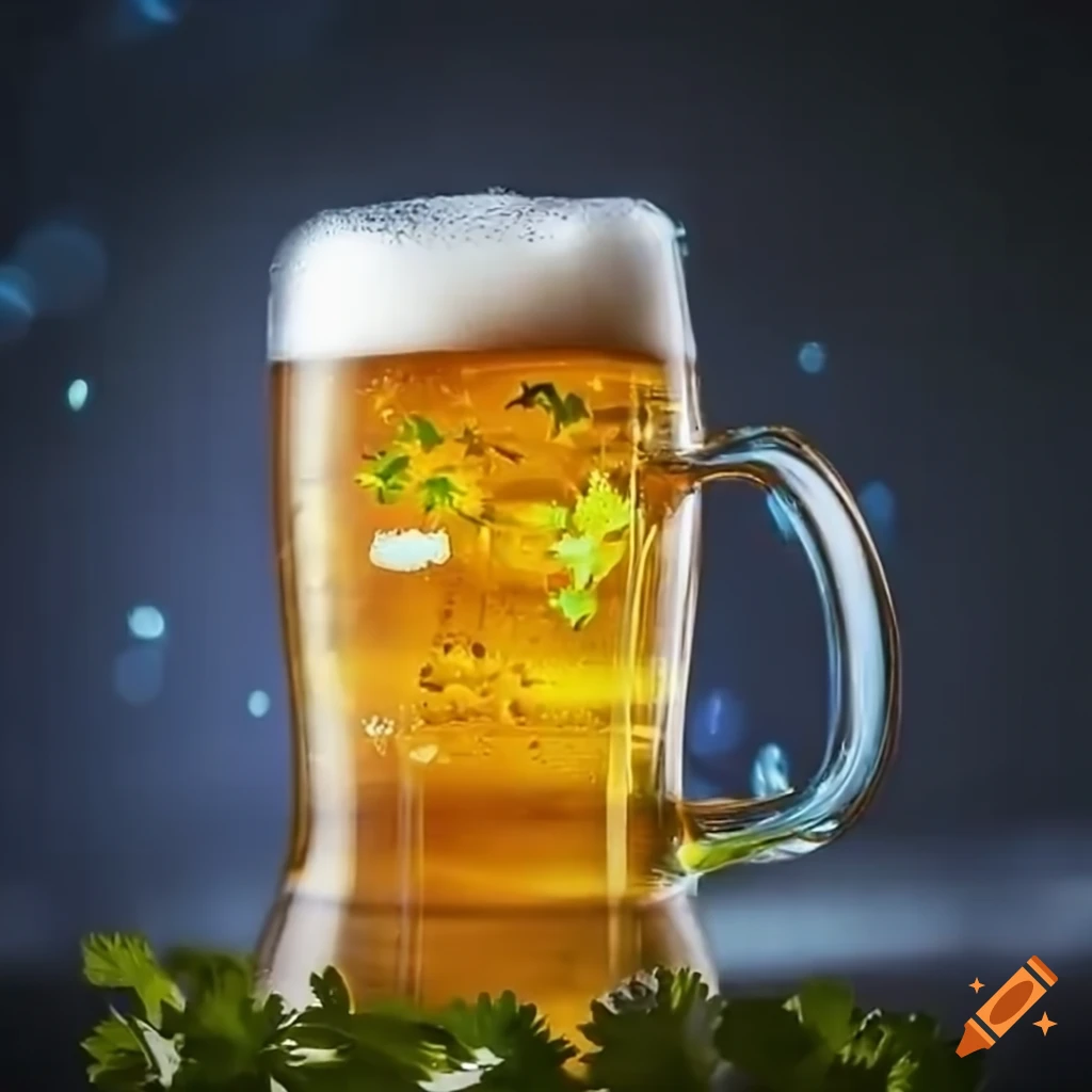 Glass of beer with several coriander leafes inside on Craiyon