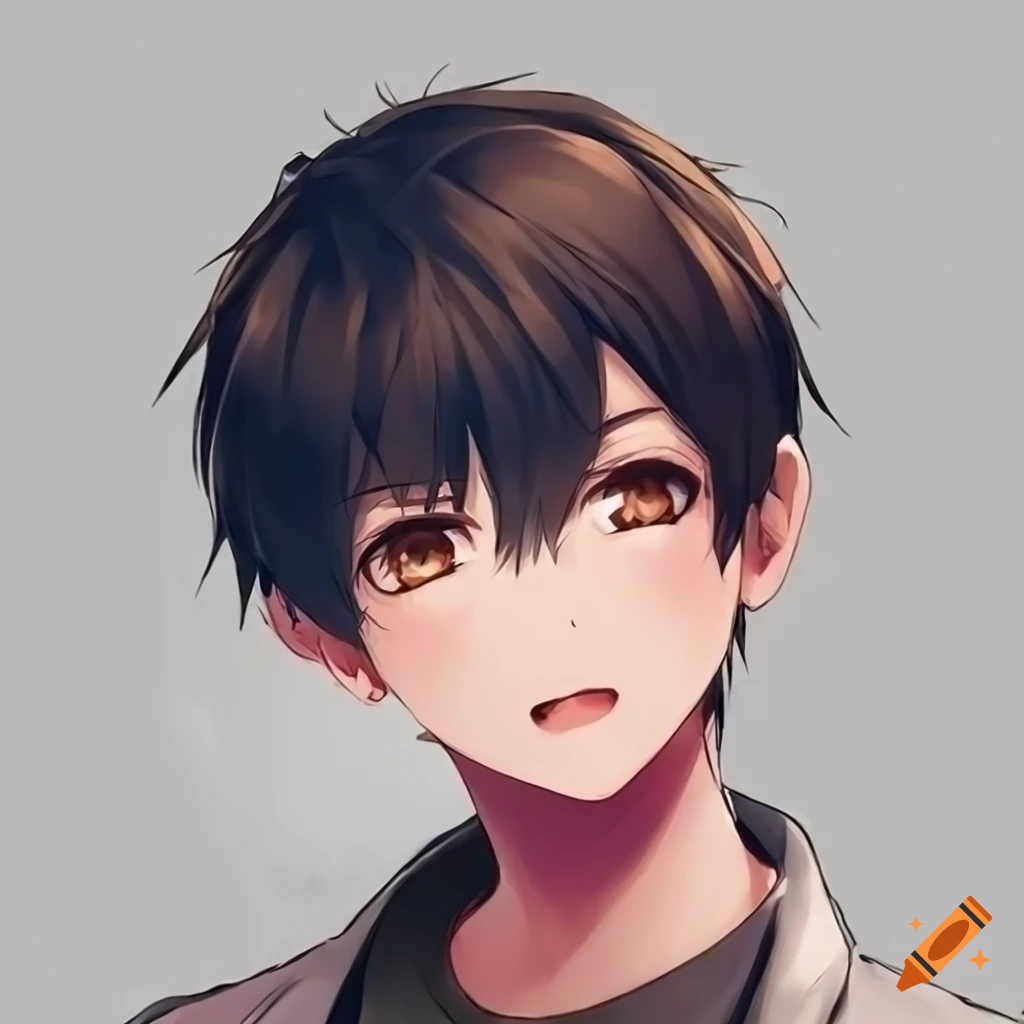Cute anime guy, 3/4 profile, chubby cheeks , black hair