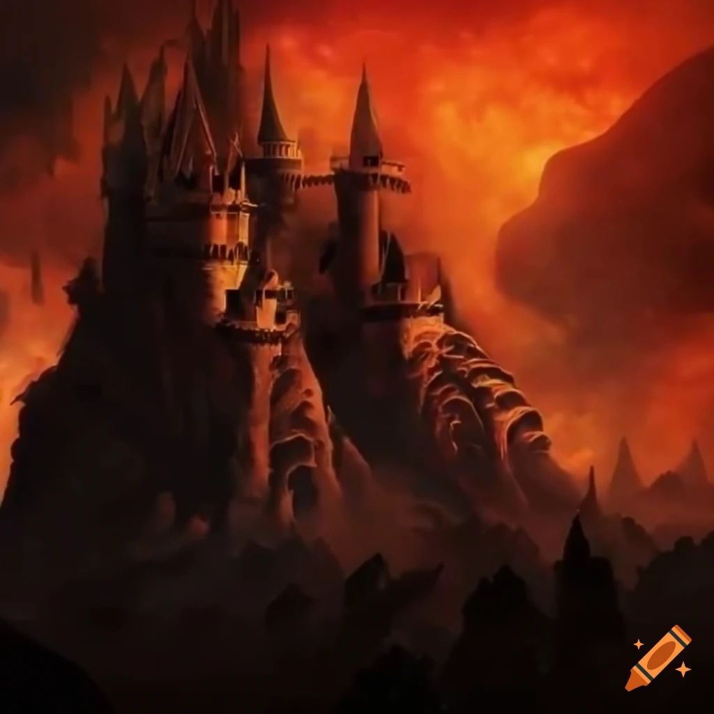 A big castle surrounded by a fiery background that includes lava ...