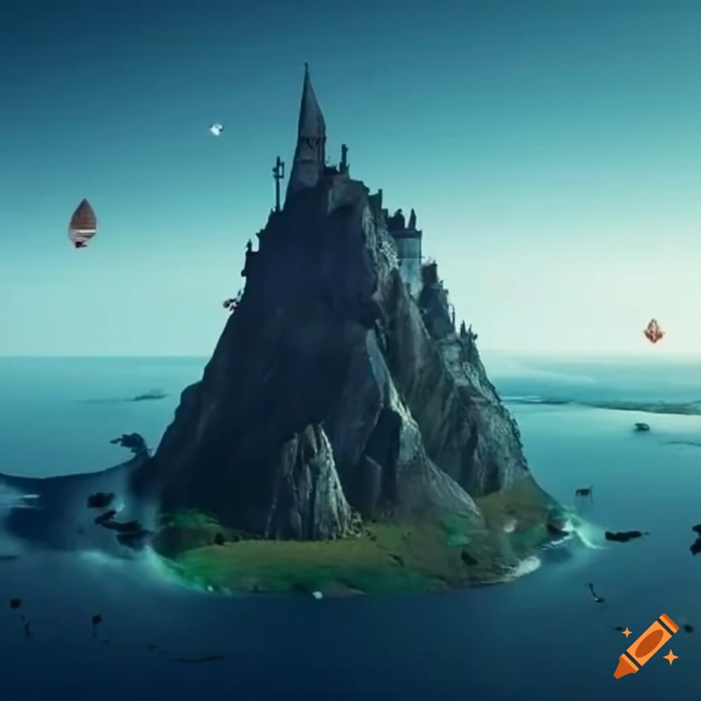 Floating mountain with a castle on top inside a ring on Craiyon
