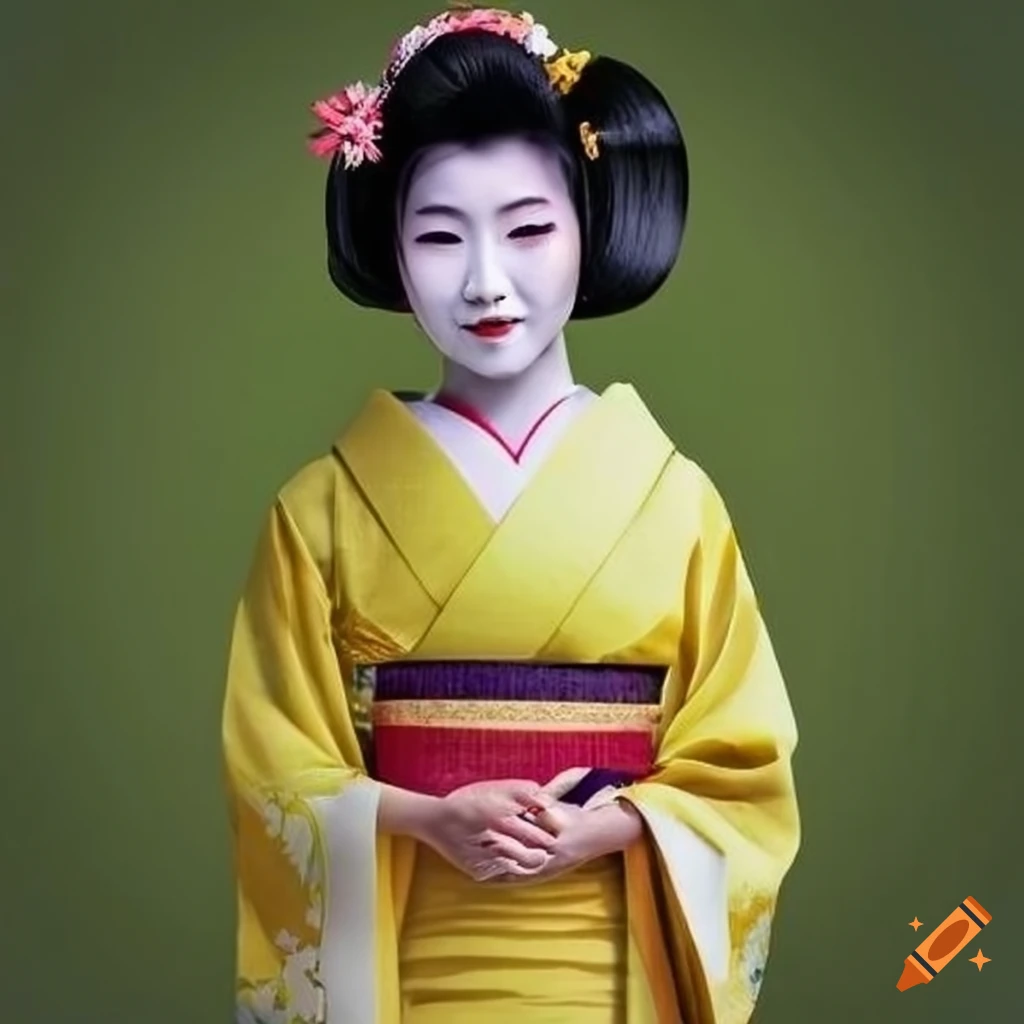 A geisha with a yellow kimono standing in a green palm