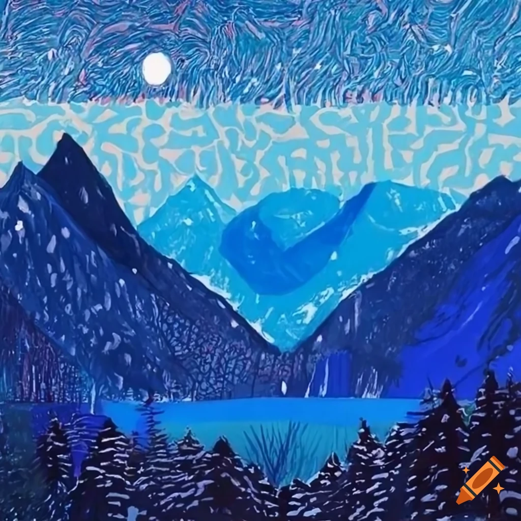 Mountains and snow at night in the style of david hockney on