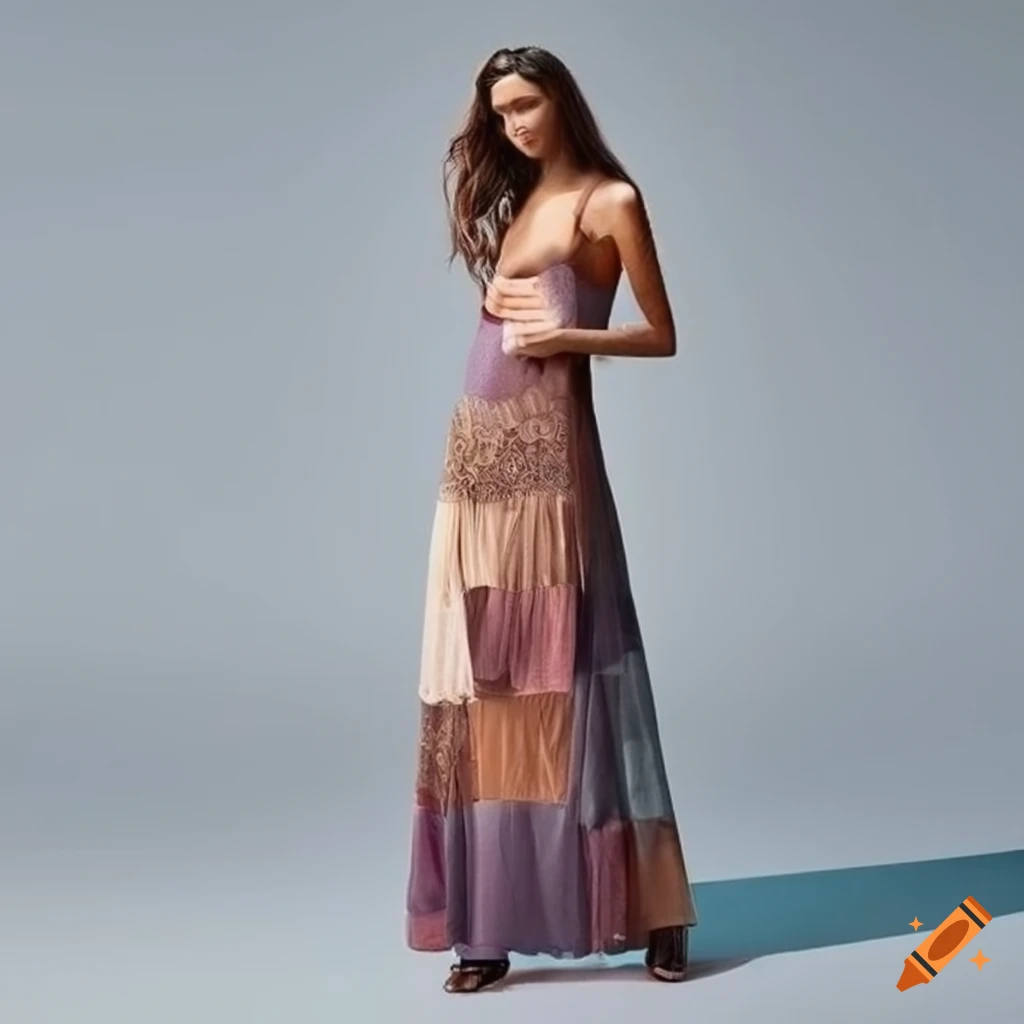 Resort '24 collection showing maxi slip dress with lace inserts and  patchwork-print in winter-color-palette on Craiyon