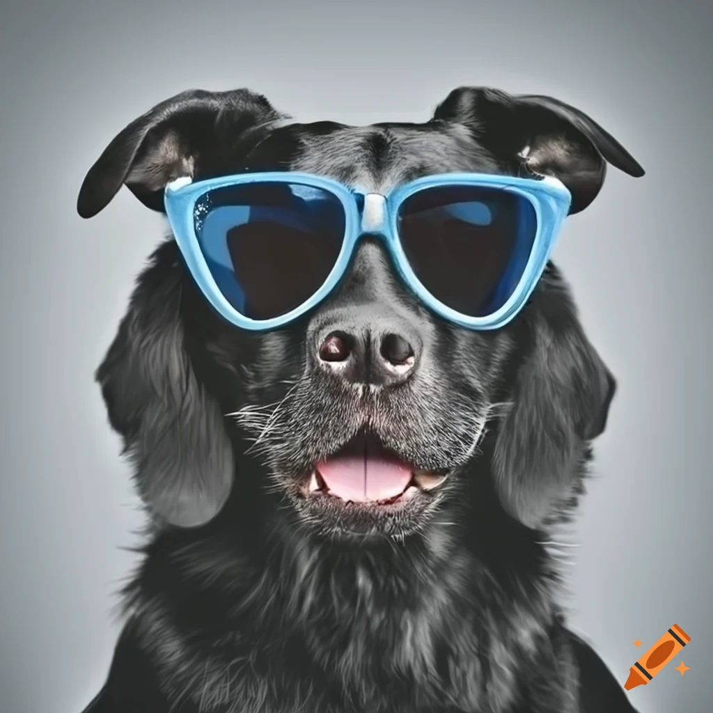 A black dog wearing sunglasses