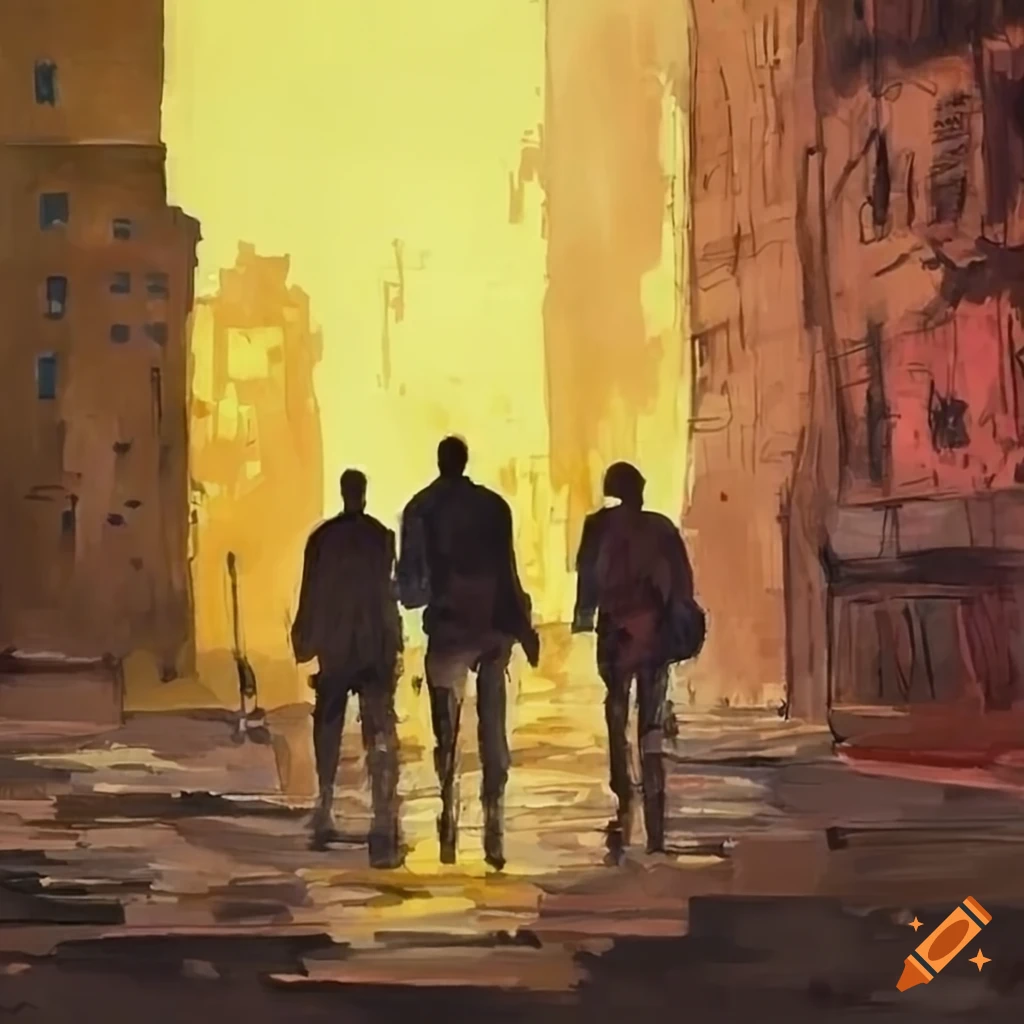 An impressionist drawing of three men walking in the distance, depicted ...