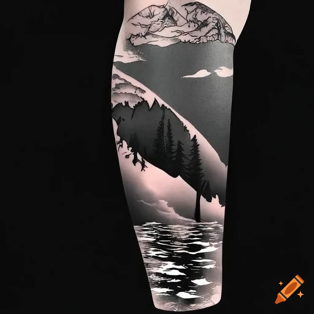 Swan lake amidst a pine tree forest. By Jesus Ibañez, Heavy Gold Tattoo,  Los Angeles, CA : r/tattoos