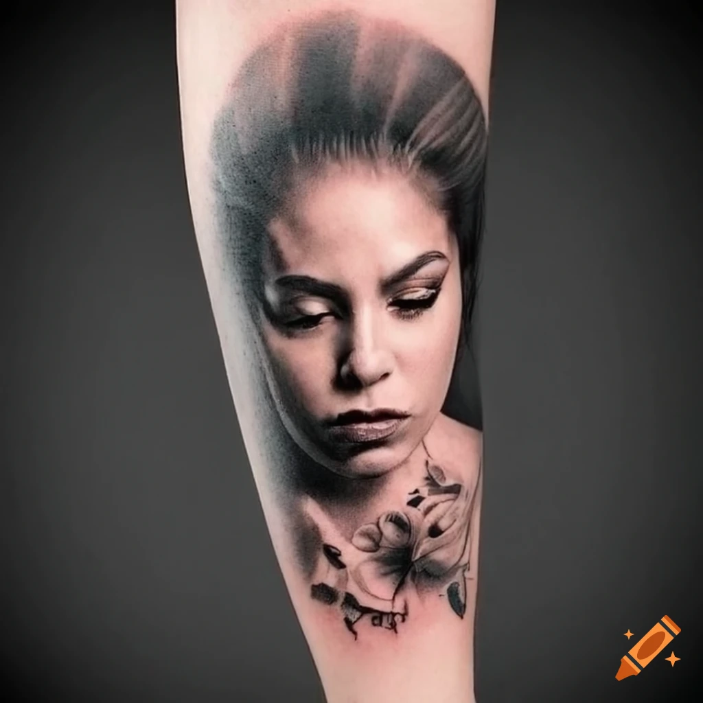 A realistic portrait tattoo of a woman's face on a mans arm on Craiyon