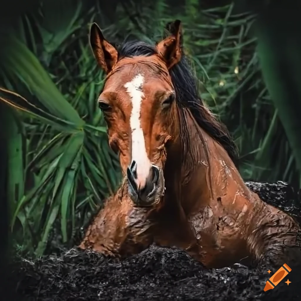 a horse peacefully sinking in wet mud in a jungle