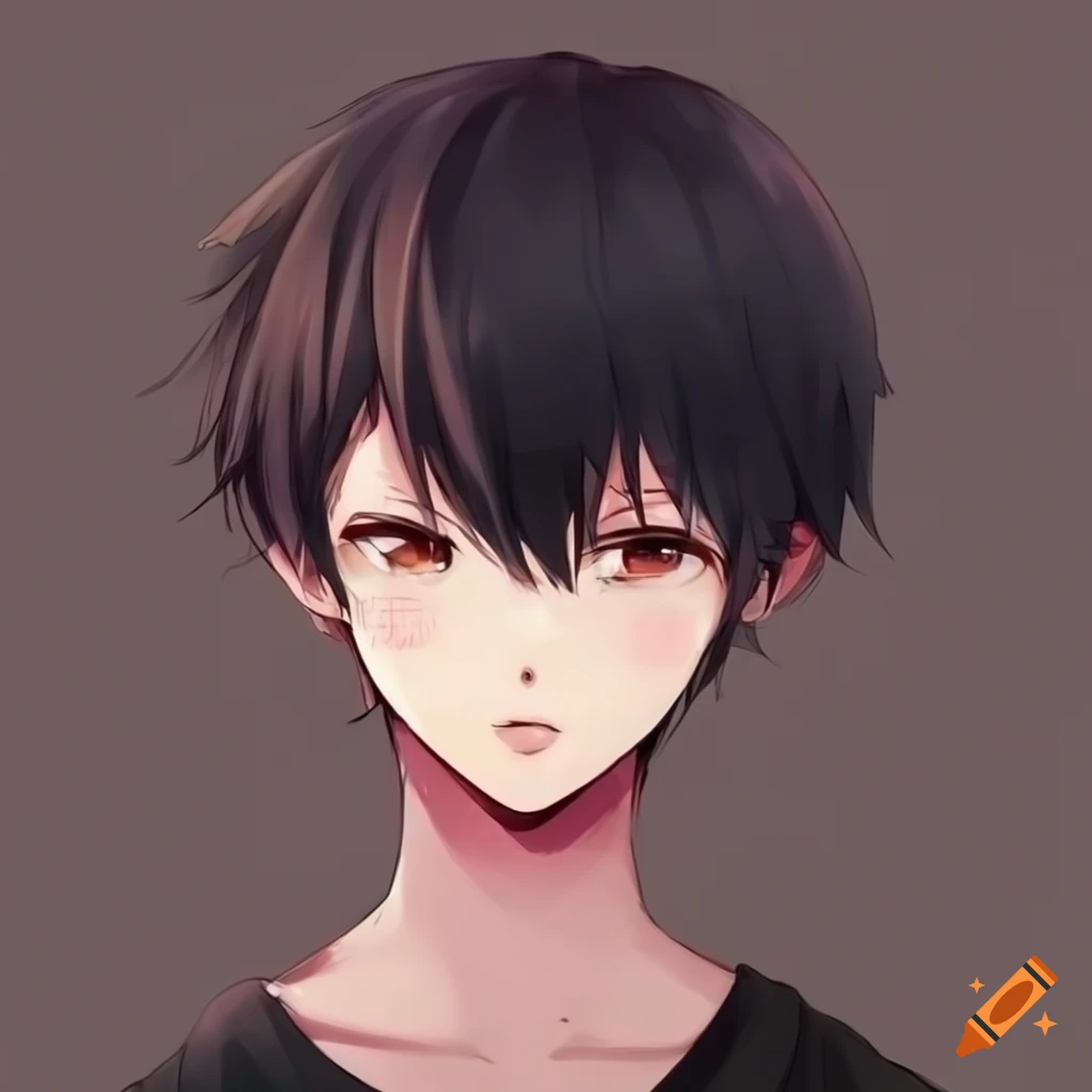 Cute anime guy, 3/4 profile, chubby cheeks , black hair