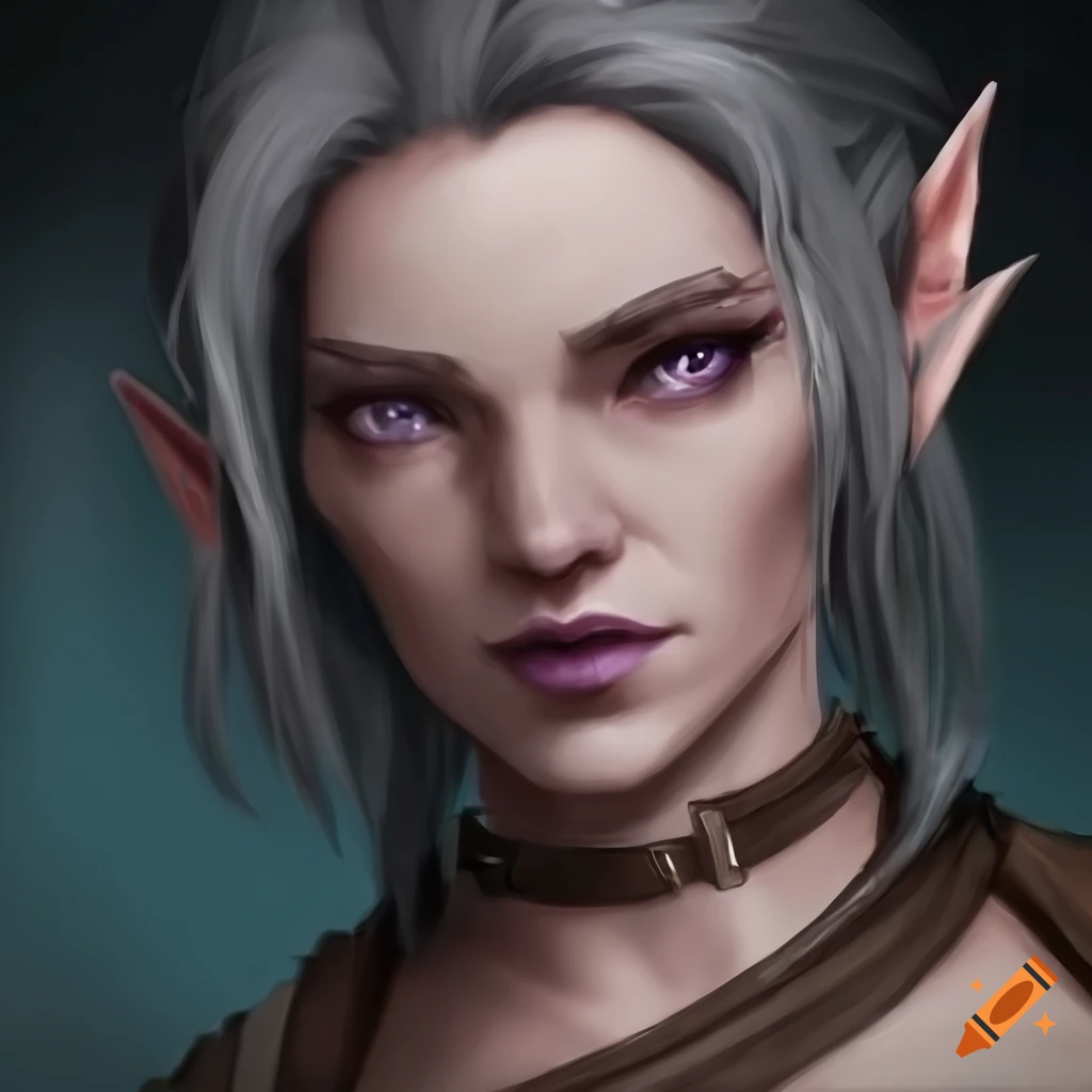 Mature elf rogue, dark grey-brown hair and pale purple eyes, detailed ...