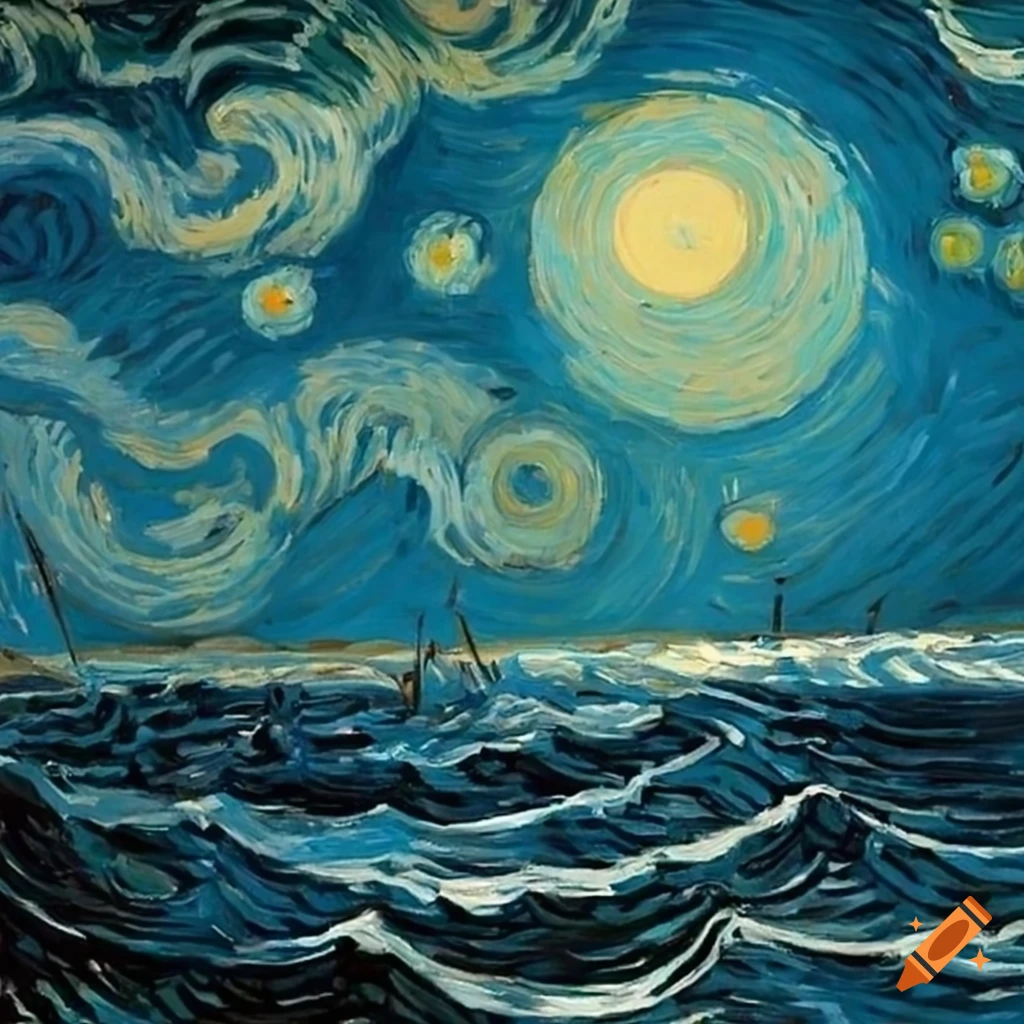 A van gogh artwork of a holy moonlit sea with waves