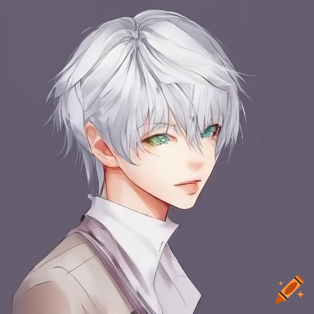 anime boy with white hair and green eyes