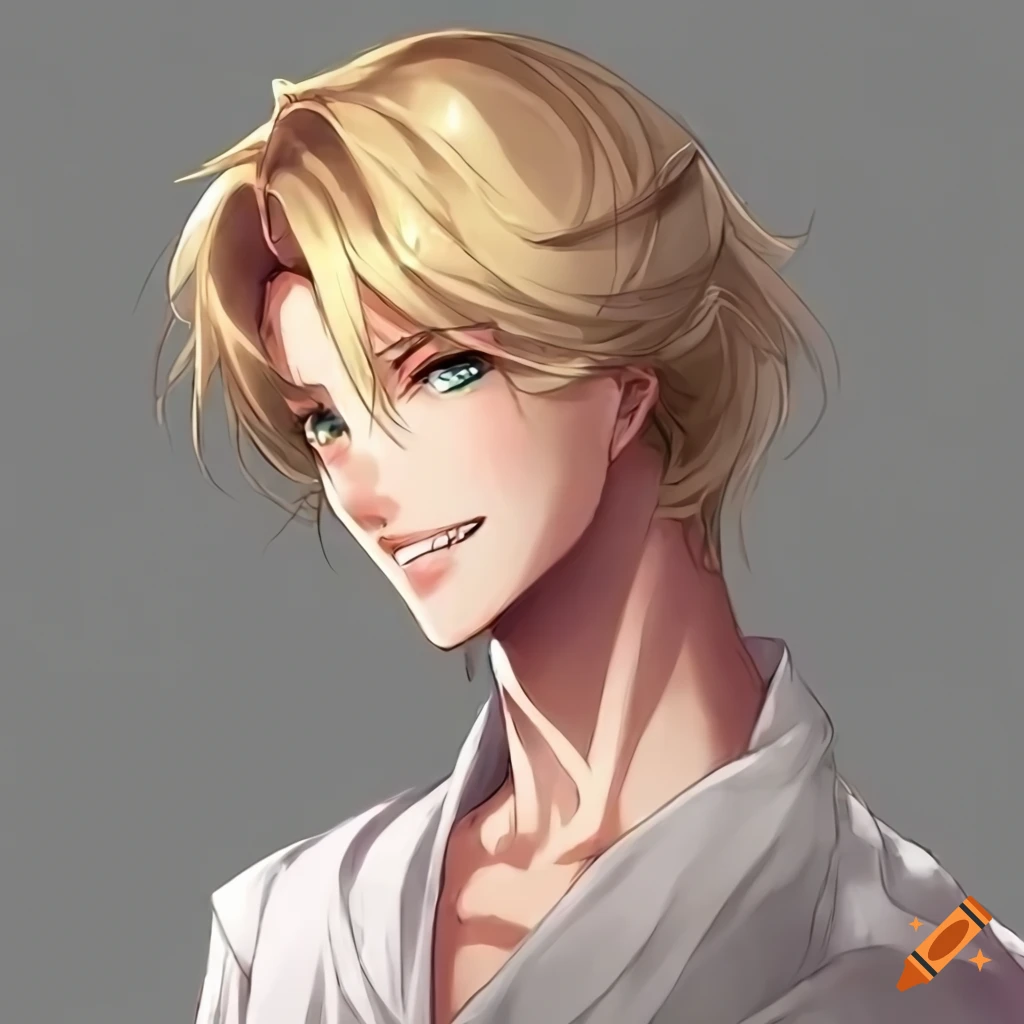 Young man servant handsome anime blond hair smiling silky hair on Craiyon