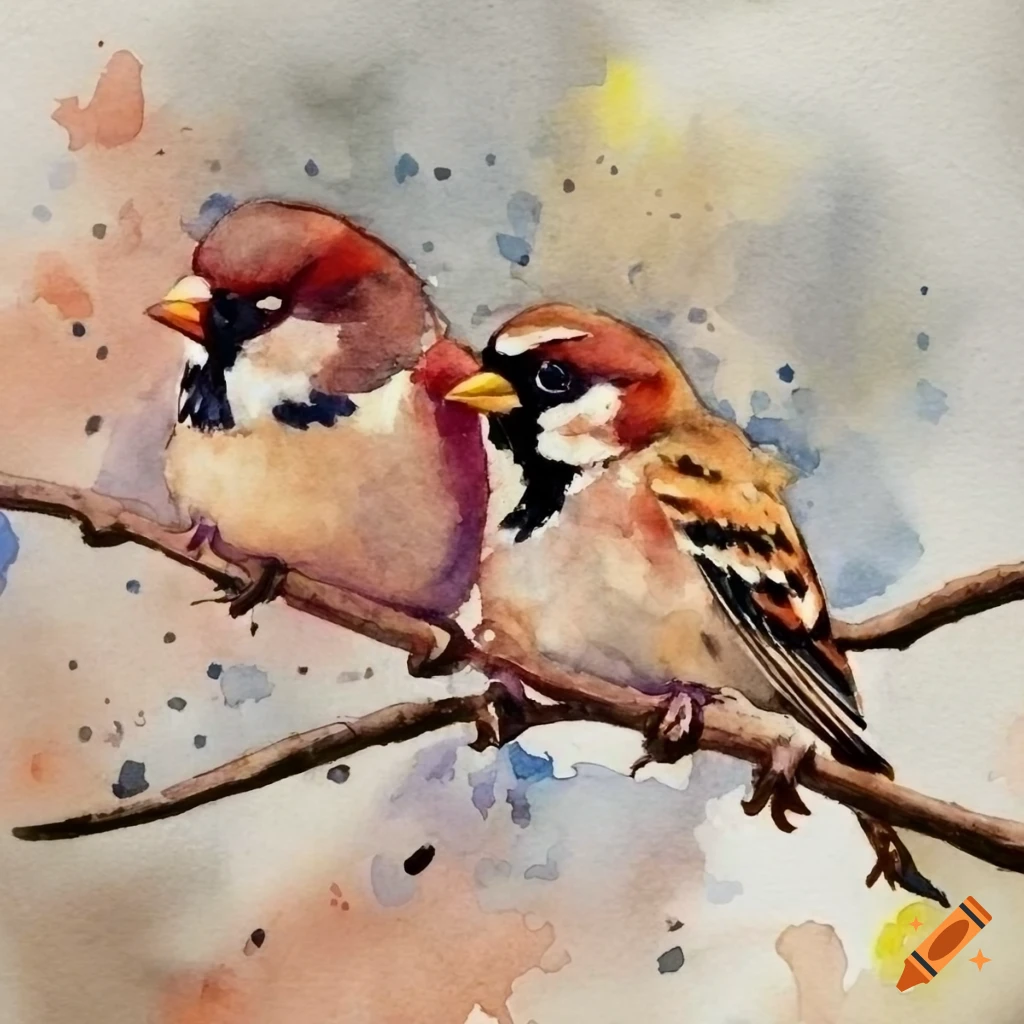 Watercolor painting of a small bird on a tree branch on Craiyon