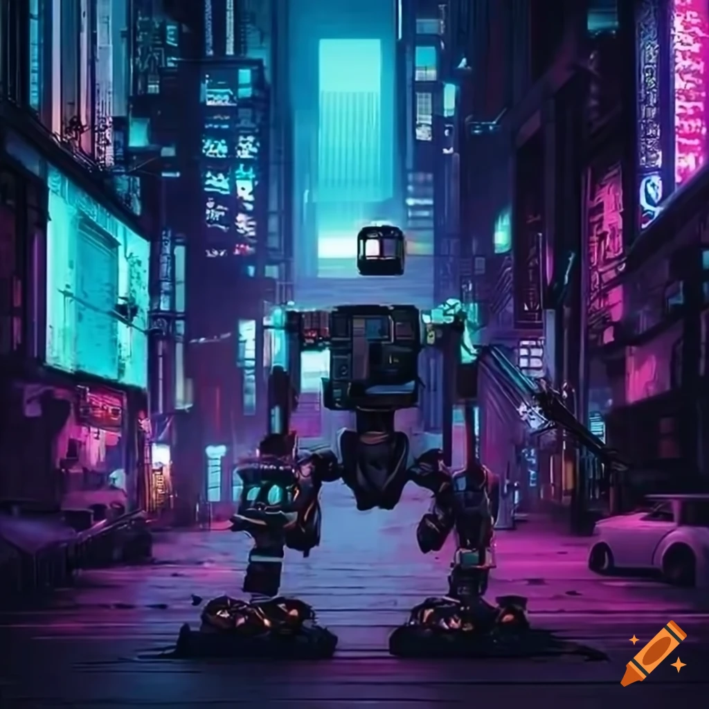detailed robots walking in the streets of a cyberpunk city