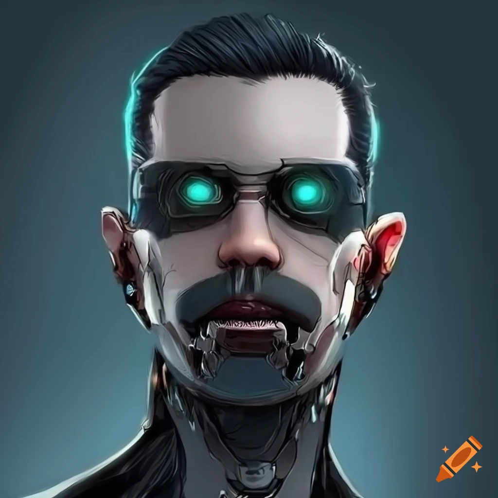 Cyborg, cyberpunk,man, man, very short hair, black hair, cyperpanc