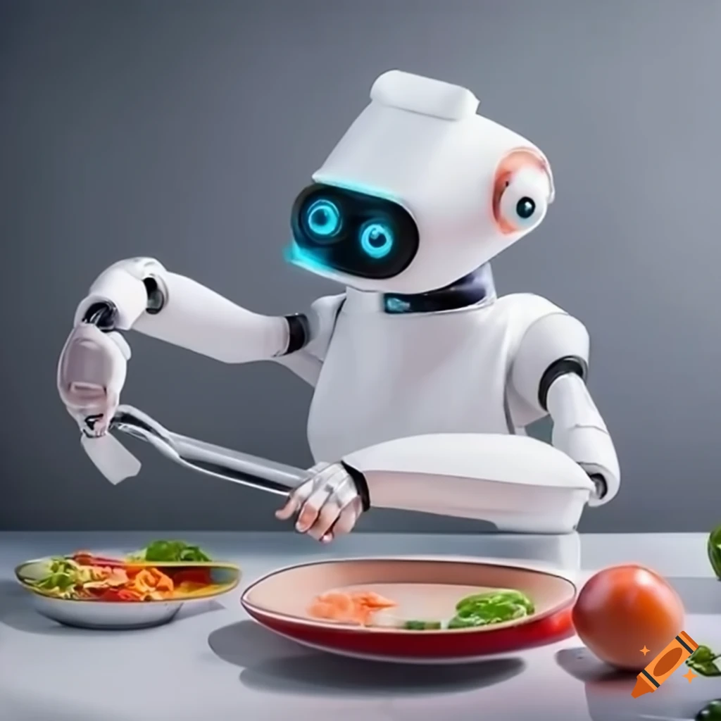 A cute robot chef preparing delicious dishes in a high-tech kitchen