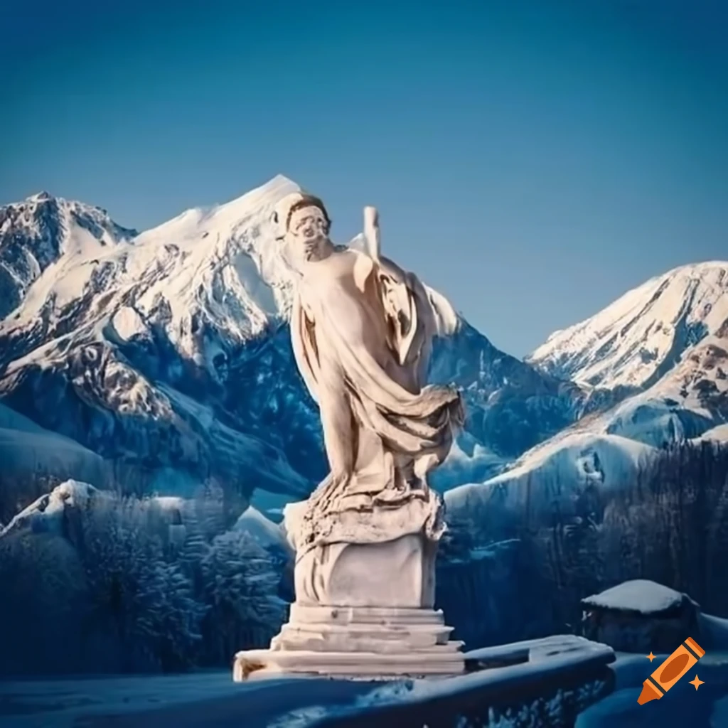 Marble statue in front of snowy mountain range