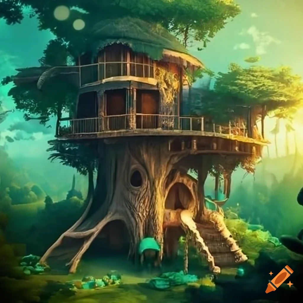 A magical kingdom of treehouses nestled among towering trees on Craiyon