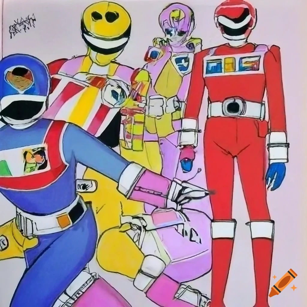 80s manga anime, drawing of choudenshi bioman (bioman 1): original japanese  title: choudenshi baioman (超電子バイオマン), in baby pink: ffc0cb royal blue:  4169e1 canary yellow: ffff99 lavender: e6e6fa emerald green: 00c957  peachy orange: 