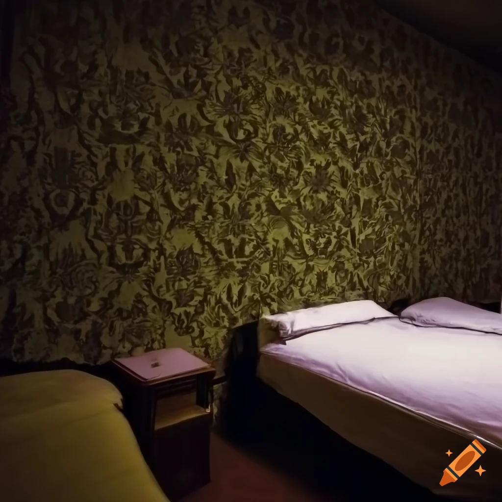 An old hotel room from the 1980s with peeling wallpaper and a single