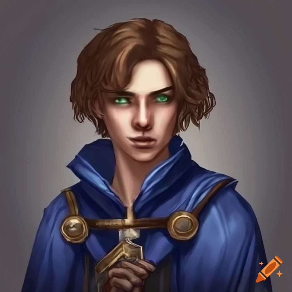 A young male wizard with short dark hair wearing a brown coat with a dnd 5e  artstyle