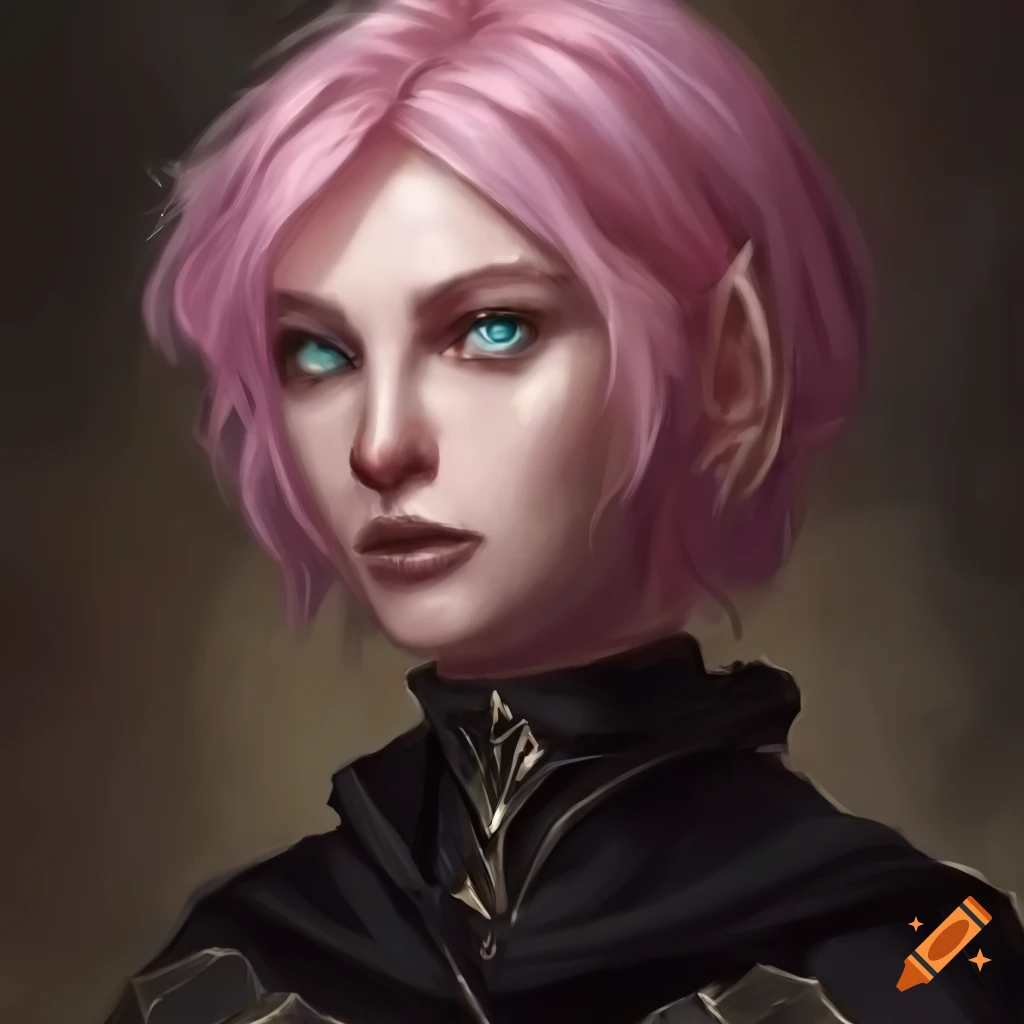 Portrait, youthful sorceress, short light pink hair, aquamarine eyes ...