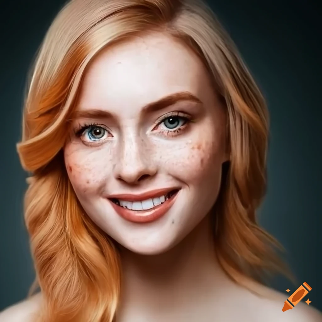 Beautiful young woman delicate freckles radiant smile strawberry blonde hair on Craiyon