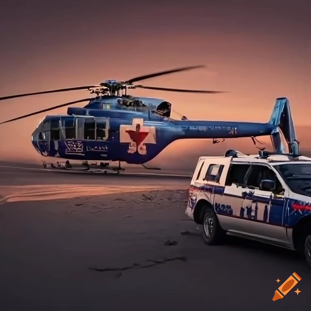 A realistic photo of an emergency scene with an ambulance, a helicopter