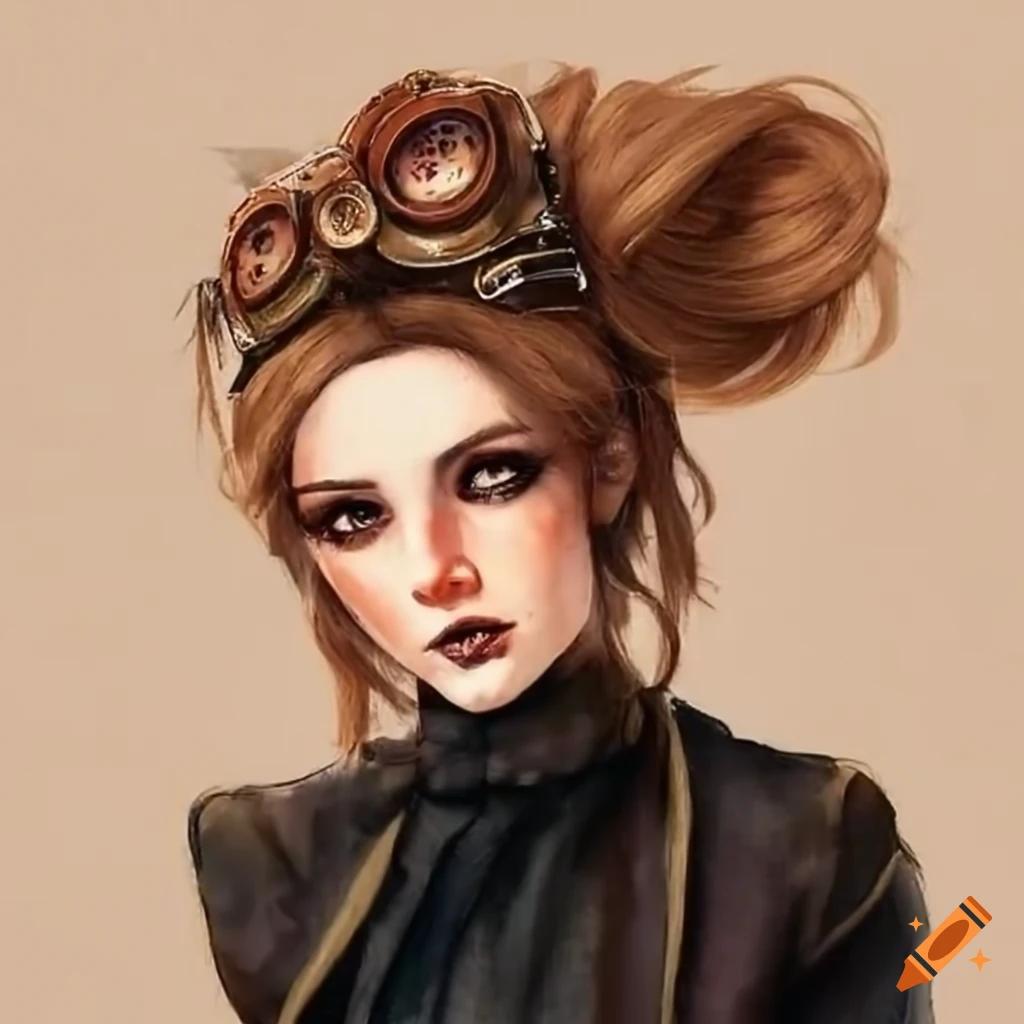 brown hair messy bun, women, black suit, steampunk goggles