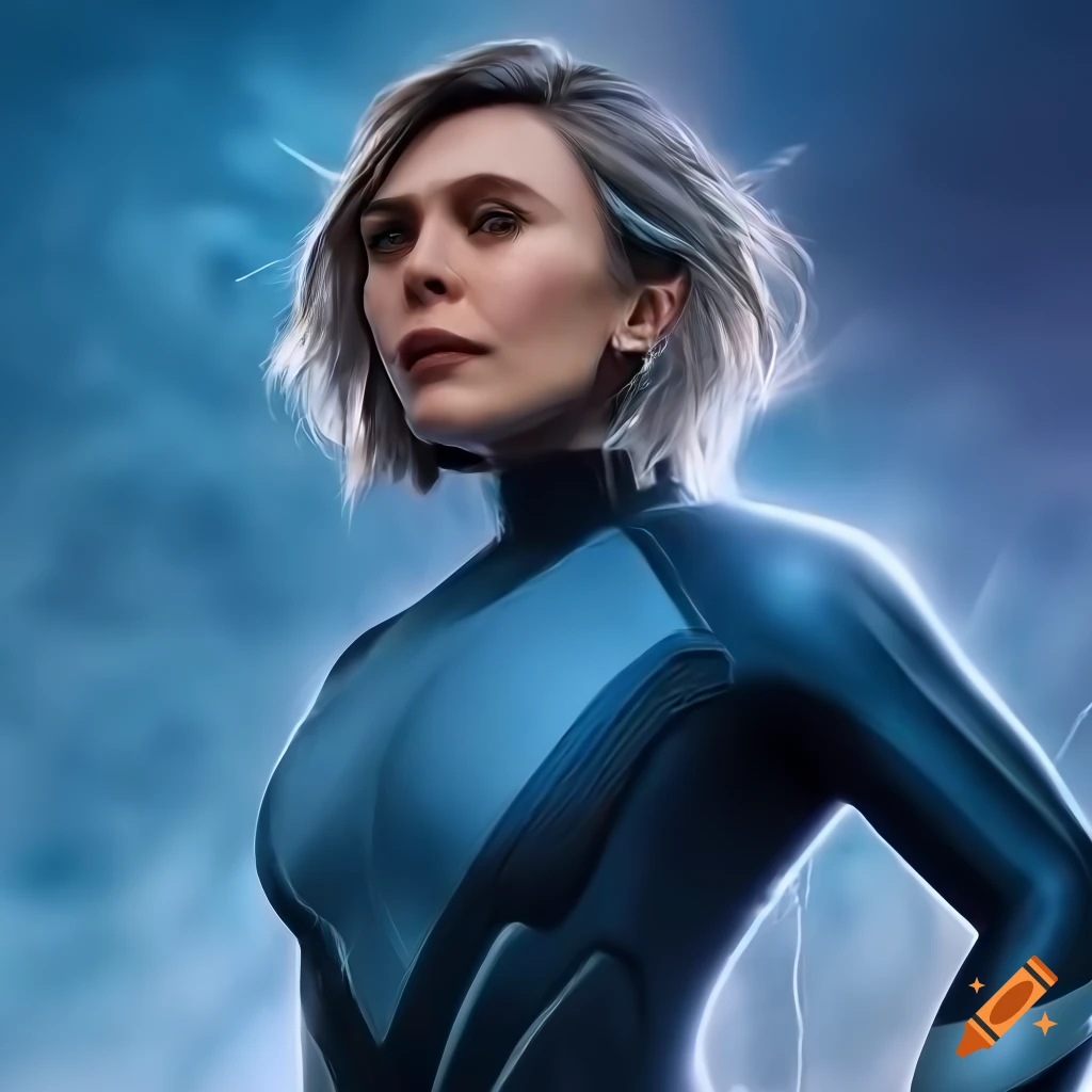 Marvel, quicksilver, rule 63, female, short hair, full body, curvy body,  high definition, cosplay, exposed midriff, fit, blue eyeliner, elizabeth  olsen, 4k, muscular, highly detailed, stunning, detailed face, busty, wide  angle