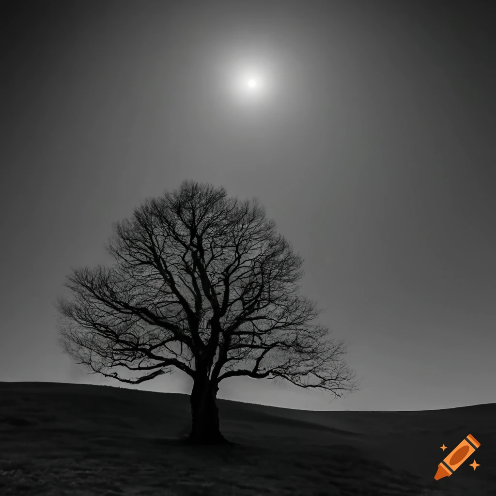 BLACK AND WHITE PHOTO OF TREE ON A HILL AT EVENING WITH A FULL MOON on ...