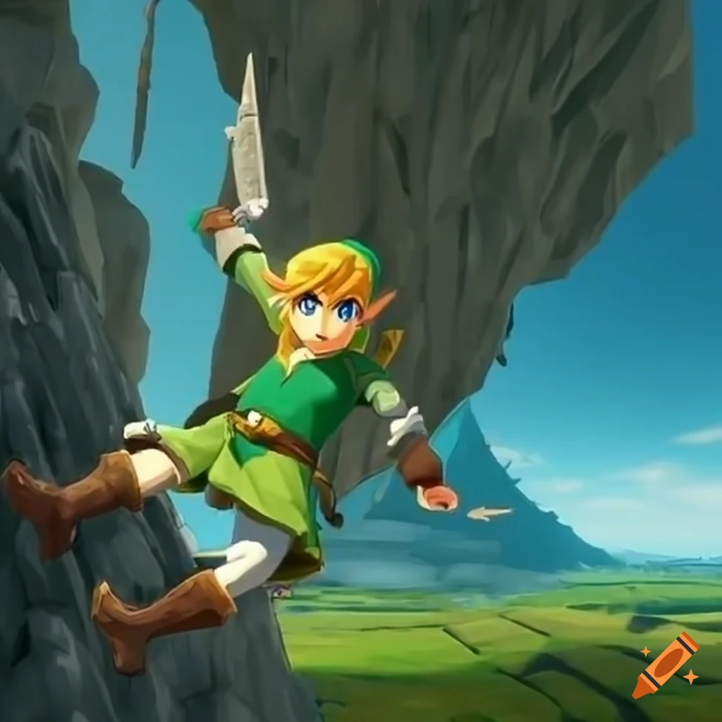 Link from the legend of zelda climbing a cliff