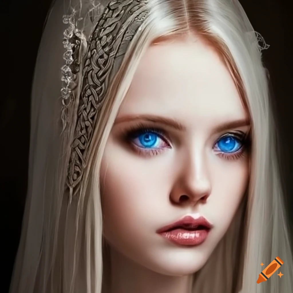 Woman, blond hair, straight hair, big eyes, blue eyes, skiny face, long