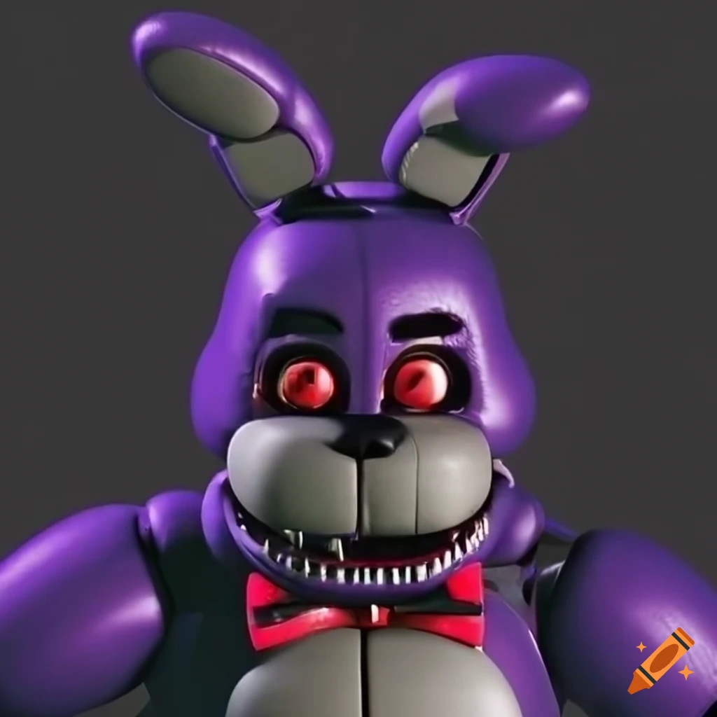 Digital, cartoon, modern japanese anime, an up close head and shoulder shot  of, fnaf, bonnie the bunny, wearing a purple tuxedo, with a red curtain  backdrop, high quality, 4k definition, perfectly detailed
