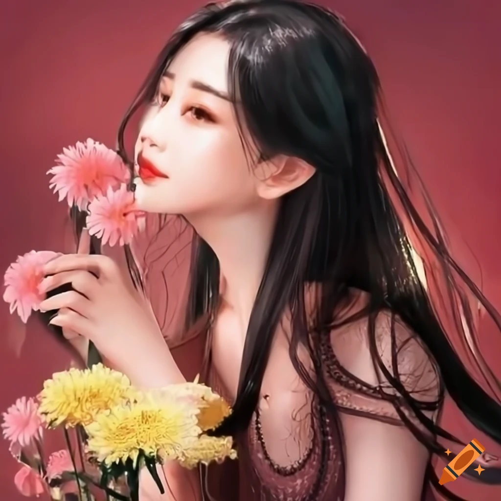 Art of a beautiful korean woman with long black hair. Her hair is ...