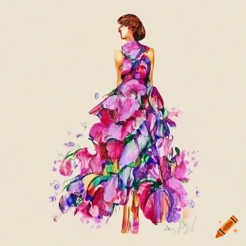 A pencil drawing of a woman in a large floral dress