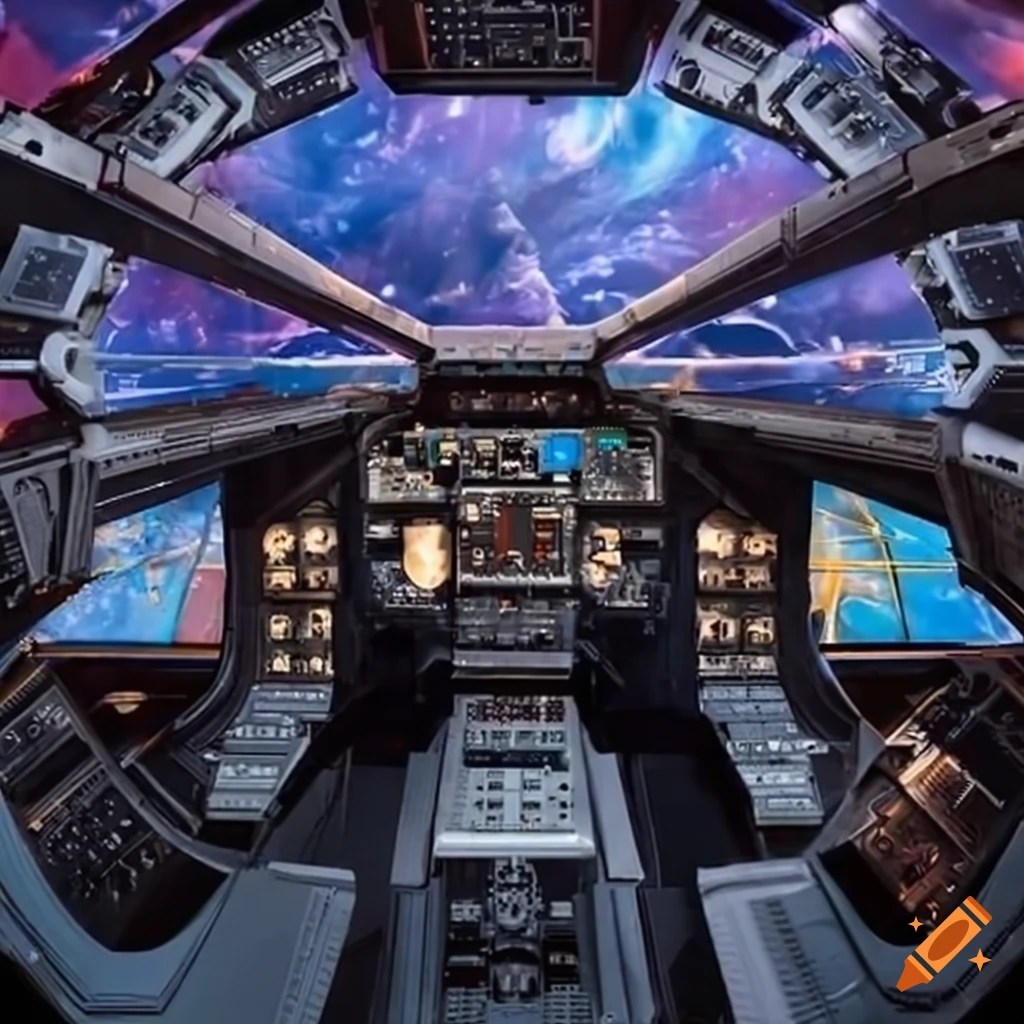 Cockpit of the guardians of the galaxy ship looking out into space on