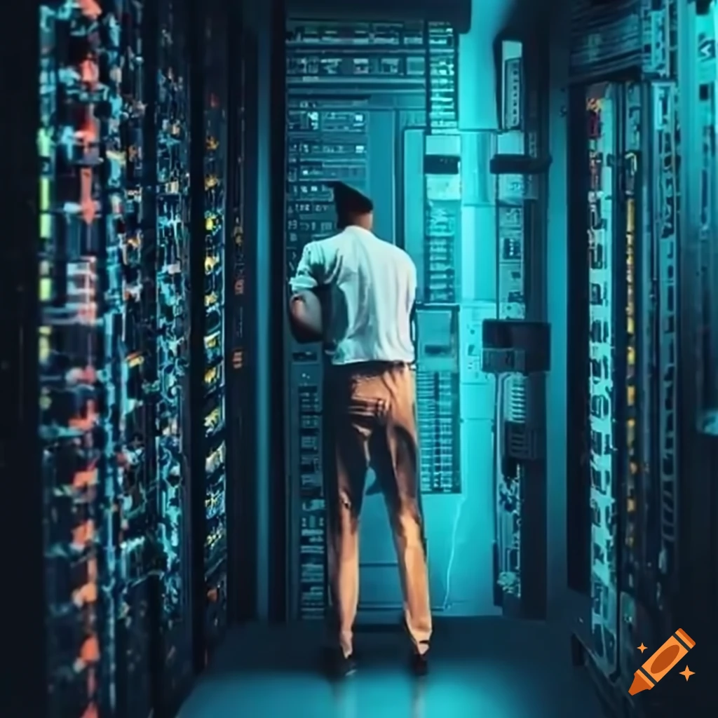 A filthy itguy being interviewed in a server room on Craiyon