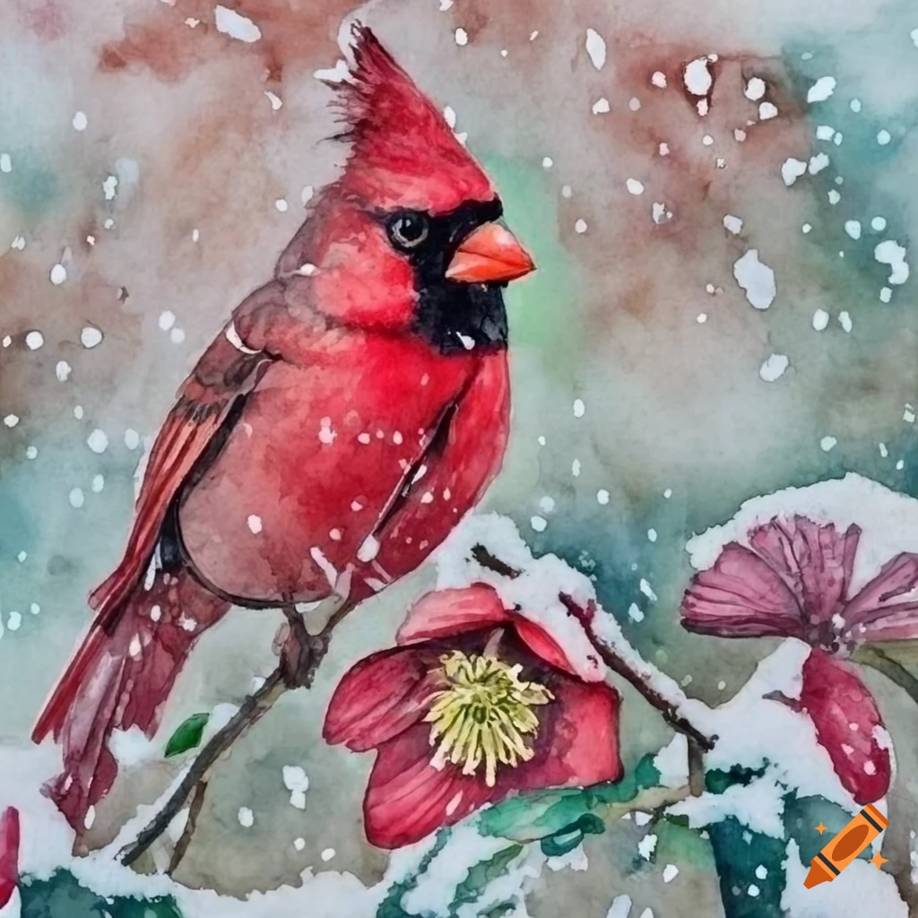 Vibrant watercolor depicting a cardinal sitting on hellebore flowers